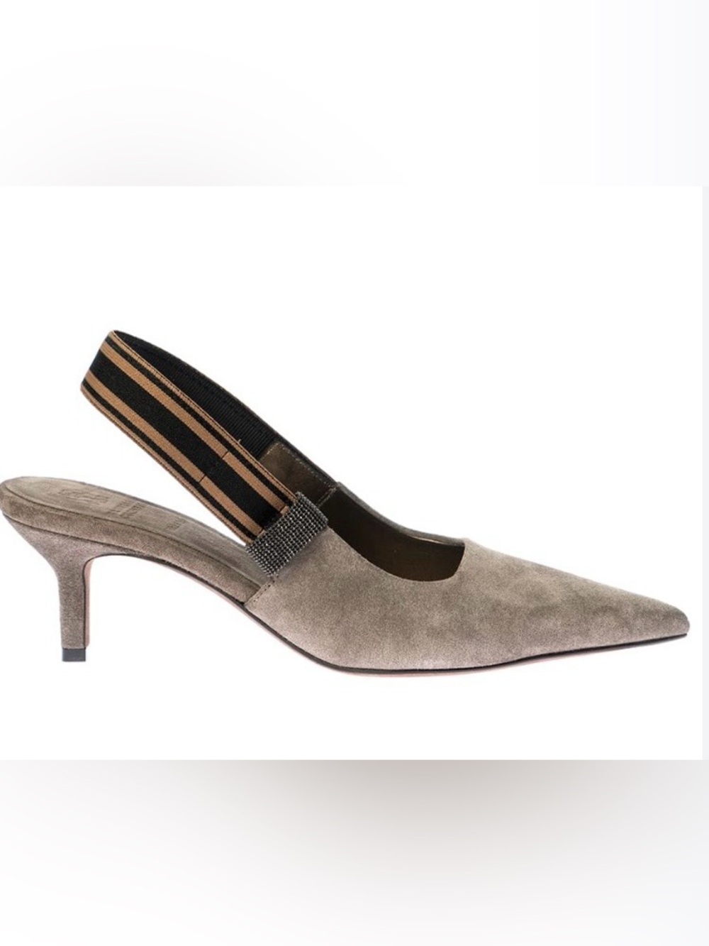 Brunello Cucinelli Taupe Suede Pointed Slingback Pump with Monili detailing 37